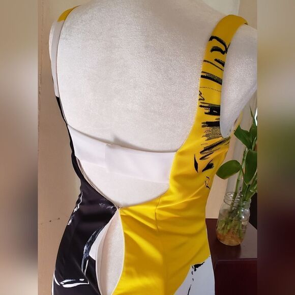 PRABAL GURUNG Yellow Black White Floral Mid-length Fitted Sleeveless Dress - Picture 6 of 10